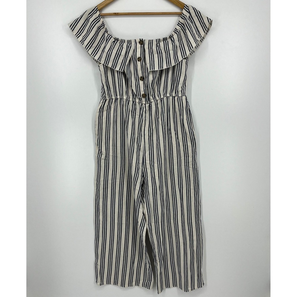 Speechless Womens XL Striped‎ Off the Shoulder Ruffle Wide Leg Jumpsuit Navy